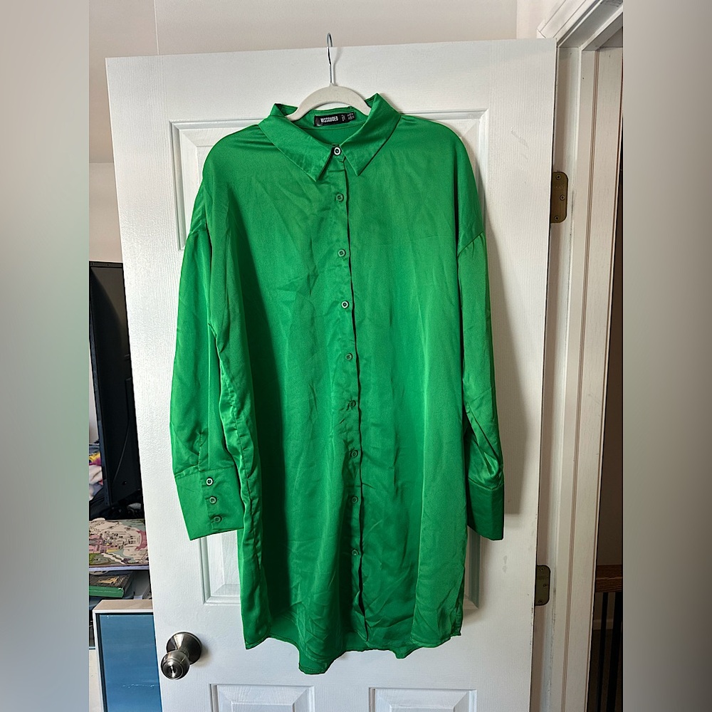 Missguided Green Satin Oversized Collared Shirt Dress